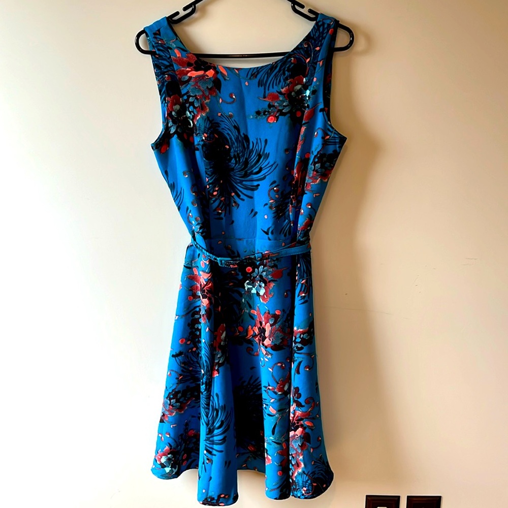 Eva Mendes by NY&Co Blue Midi Dress with Belt Size 8